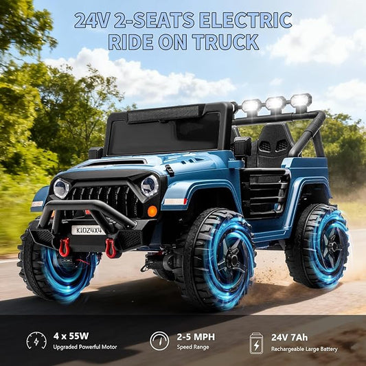 24V Ride on Toys for Big Kids, 2 Seater Ride on Car w/Remote Control, 4x4 Ride-on Truck with 4 Motors, 3 Speeds Adjustable, 4 LED Lights, Bluetooth & Music, Electric Car for Kid Toddler 3-8, Lake Blue