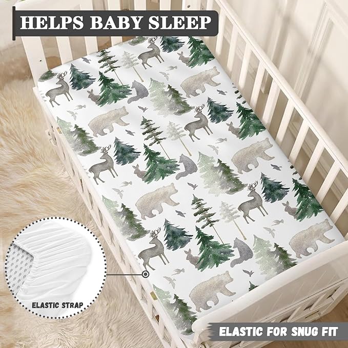 Woodland Forest Animals Fitted Crib Sheet for Boys Girls Watercolor Pine Tree Baby Sheet for Standard Crib and Toddler Rabbit Deer Bear Nursery Bed Mattress Sheets 28"x52"
