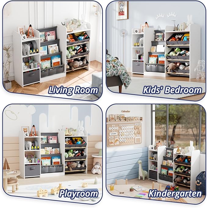 IKALIFE Kids Toy Book Storage Organizer - Large Bookshelf with 7 Removable Bins, Baby Bookshelf and Toy Storage, 4-Tier Book Shelf for Kids Room, Playroom, Classroom, 51 inch, White