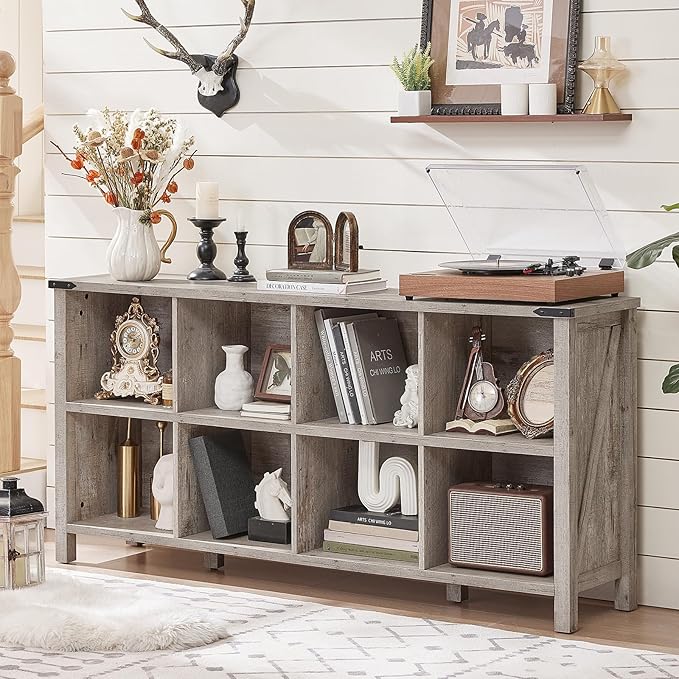 Joaxswe 8 Cube Book Shelf, Farmhouse Wood Long Storage Organizer Bookcase, 62" Horizontal Grey Oak Console Closet Bookshelf, Hallway TV Stand for Entryway, Display Cabinet Book Case for Living Room
