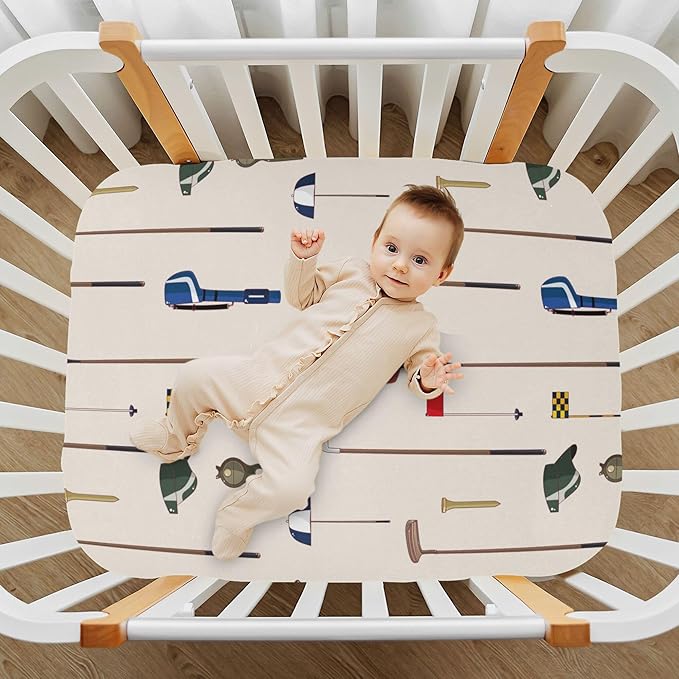 Cartoon Golf Game Pattern Crib Sheets Soft Breathable Fitted Baby Crib Sheets Mattress Cover for Girls Boy, 52" x 28" x 9"