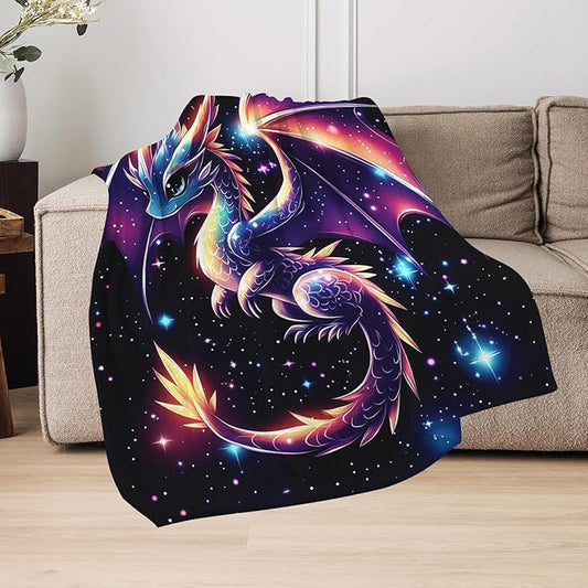 GNEW Cute Galaxy Dragon Throw Blanket, Kawaii Dragon Gifts for Kids, Sparkle Galaxy Starry Stars Animal Print Blanket, Blue Purple Pink Black, 50"x40"