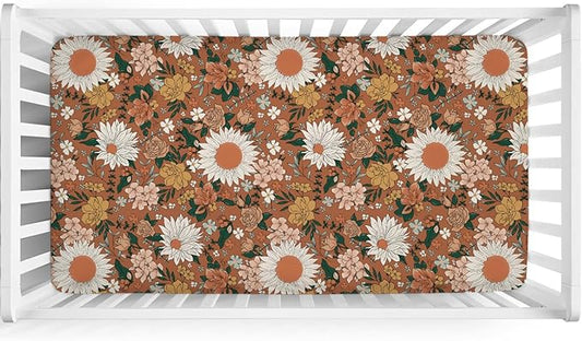 Retro Spring Wildflowers Baby Crib Sheets 52''x28'' Watercolor Floral Leaf Summer Boho Stretchy Fitted Crib Mattress Sheet for Boy Girl Botanical Soft Nursery Sheet for Standard Crib Toddler Mattress