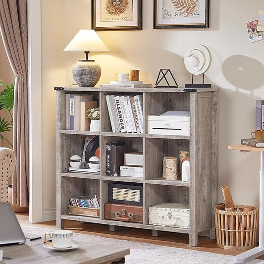 Joaxswe 9 Cube Bookcase, Farmhouse 47 Inch Wide Grey Oak Bookshelf, Wooden 3 Tier Display Large Open Book Shelf, Vintage Horizontal Book Case for Home Office, Cubby Storage Cabinet for Living Room