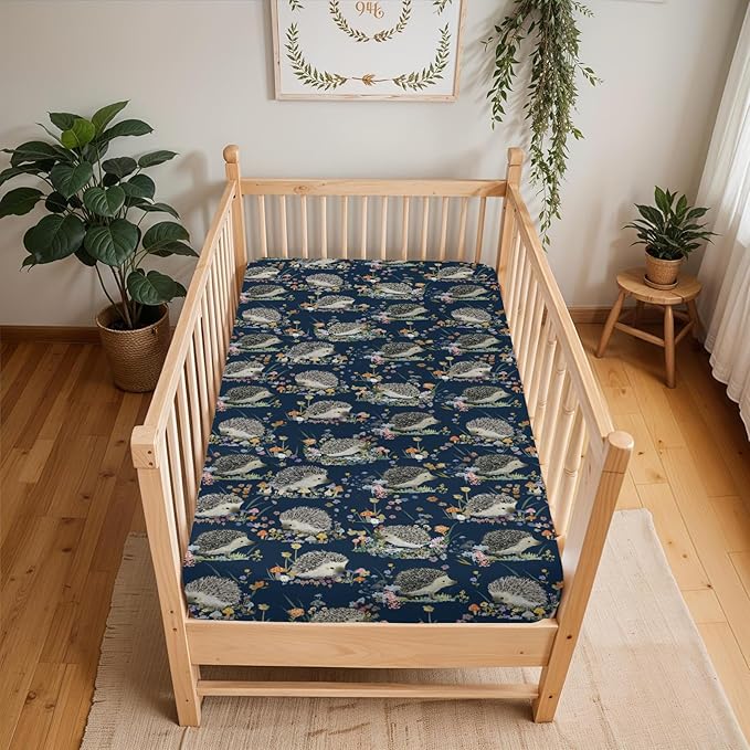 Happy Hedgehogs Mushroom Floral Baby Crib Sheets for Boy Girl 28"x52" Cartoon Hedgehog Soft Snug Fitted Crib Mattress Cover Summer Animal Baby Sheet for Standard Crib & Toddler Bed Mattress