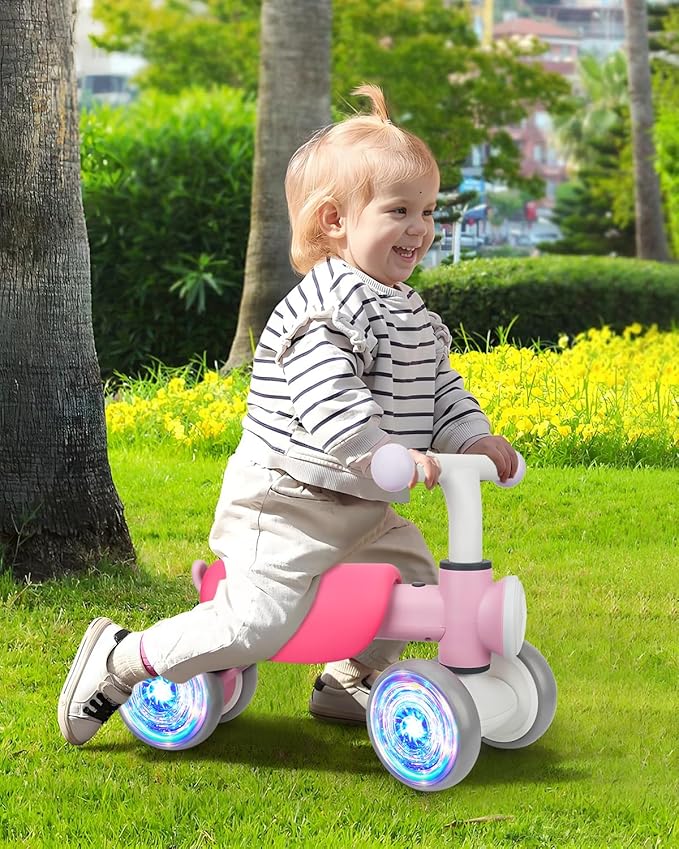 Toddler Toys Balance Bike for 1 Year Old Girl Gifts,4 Wheels Colorful Lighting with Music Baby First Bike,Toddler Girl Toys Balance Bike for 1st 2 Year Old Birthday Gifts