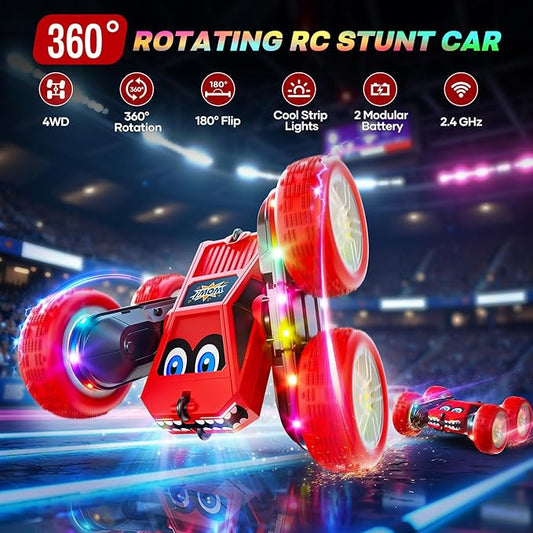 WayEee Remote Control Car, 360° Flips RC Stunt Car with LED Lights Strips, Type-C Charge Modular Battery, 2.4 GHZ Double Sided High Speed RC Cars for Boys Age 8-12 Girls 3+ Kids Toys Birthday Gifts