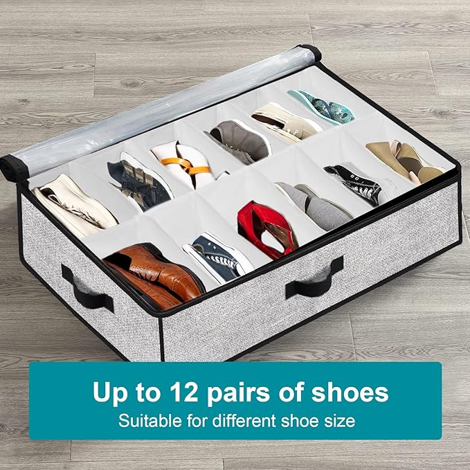 Meerainy Under Bed Shoe Storage Organizer for Closet 2 Pack- Fits 24 Pairs Underbed Shoes Container Boxes Light Grey
