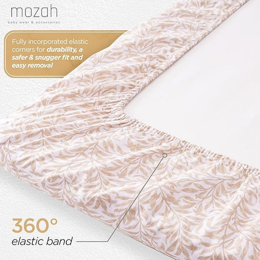 MOZAH Organic Muslin Crib Sheets, Soft and Breathable Bedding for Baby Girls or Boys, Snug Fitted Sheet for Standard Cribs & Toddler Mattresses, 2 Pack, Beige and Beige Leaves