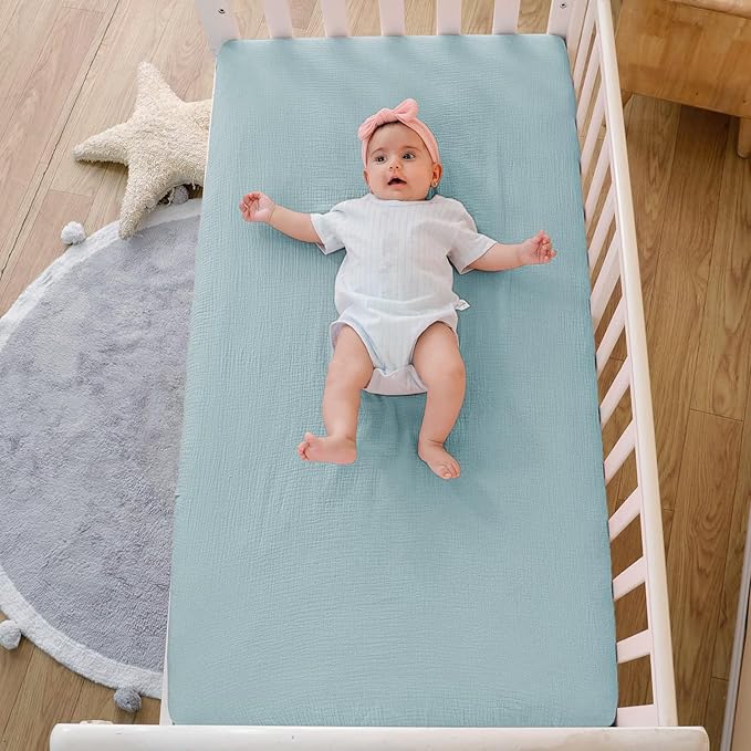 Muslin Crib Sheets for Baby Boys Girls, Neutral Fitted Crib Mattress Sheet for Standard Crib and Toddler Mattress, Soft and Breathable Bed Covers, 28” x 52” (Light Blue)