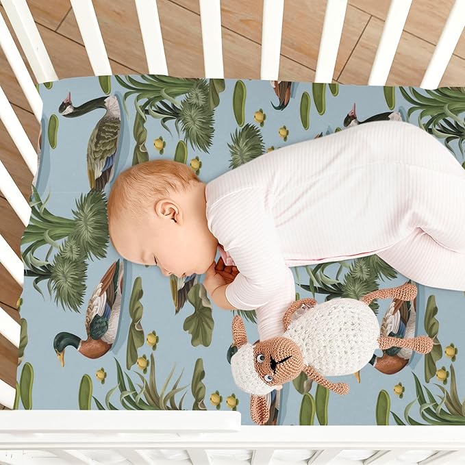 Fitted Crib Sheets for Baby Boys or Girls Soft Breathable Baby Play Yard Sheet for Standard Size Crib Mattress 52x28in Ducks and Water Lilies in The Pond