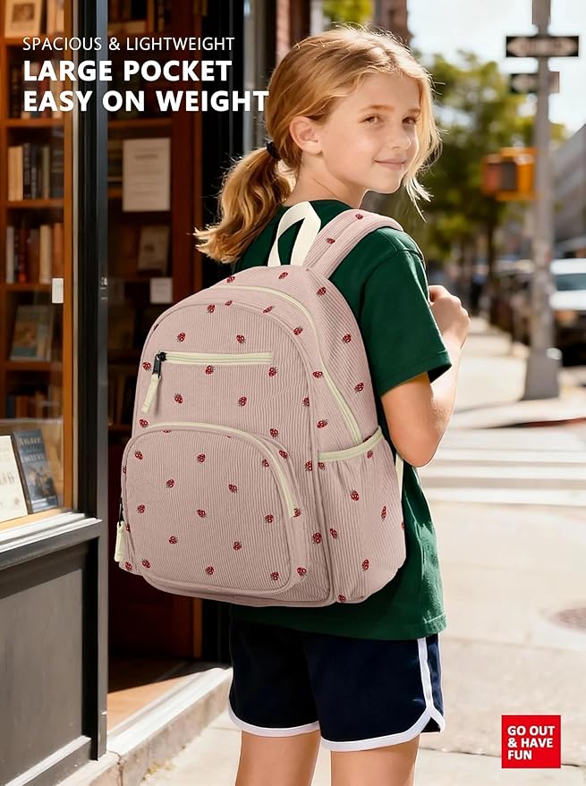 atgark Corduroy Kids Backpack for Girls, Girls Backpack 5-9, Kindergarten Elementary School Bookbag for Girl 15.3" H Fit Folder