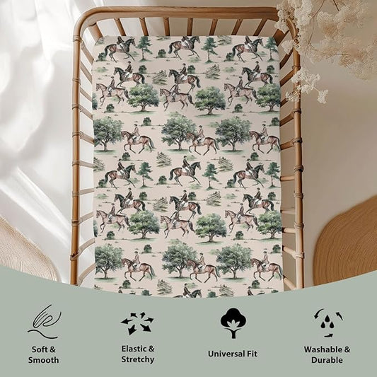 Watercolor Horses Trees Baby Crib Sheets for Boy Girl 52"x28" Vintage Horse Riding Soft Stretchy Fitted Crib Mattress Cover Wild West Animal Baby Sheet for Standard Crib and Toddler Bed Mattress