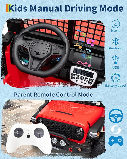 2 Seats 24V Kids Electric Ride on Car with Remote Control, 20" Large Seat with 2 Safety Belts, Two 200W Battery Powered Electric Vehicle for 3+ Years, LED Light, Music,Horn,USB Port, Riding Toy, Red