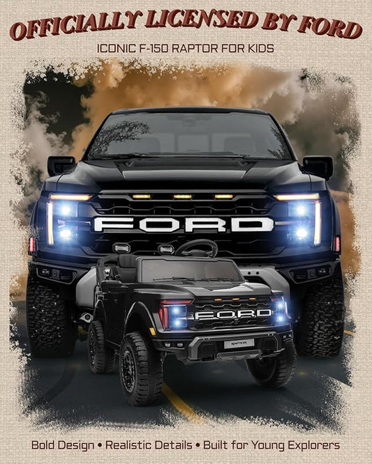 First Ride On 24V Ride on Toys for Big Kids, Licensed Ford F-150 Raptor 2 Seater Kids Ride on Car w/Remote Control, Toddler Electric Car w/LED Lights, Bluetooth, Truck Bed Storage, Soft Start (Black)
