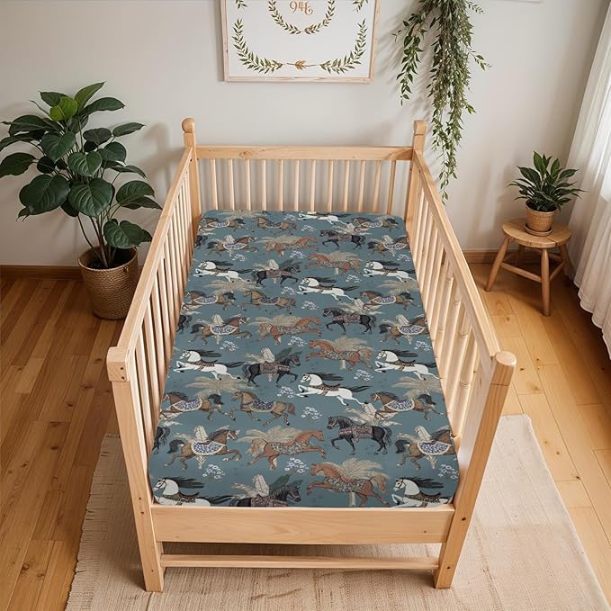 Vintage Horses Baby Crib Sheets for Boy Girl 52x28Inch Retro Arabian Horses Palm Trees Soft Stretchy Fitted Crib Mattress Covers Horse Lovers Baby Sheet Fits Crib and Toddler Bed Mattresses Blue