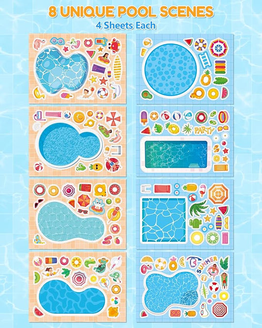 Aowplc 32 Sheets Make‑a‑Pool Stickers for Kids – Mix & Match Craft Kit – Summer Party Favors & Activities