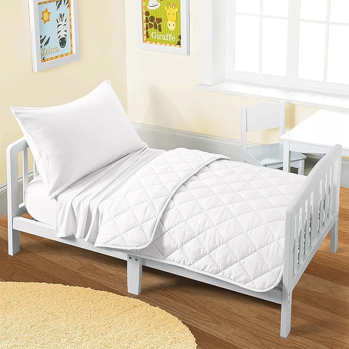 FLXXIE 4 Pieces Toddler Bedding Set, Soft and Breathable Microfiber Crib Sheet Set, Includes Quilted Comforter, Flat Top Sheet, Fitted Sheet, Envelope Pillow Case for Boys and Girls, White