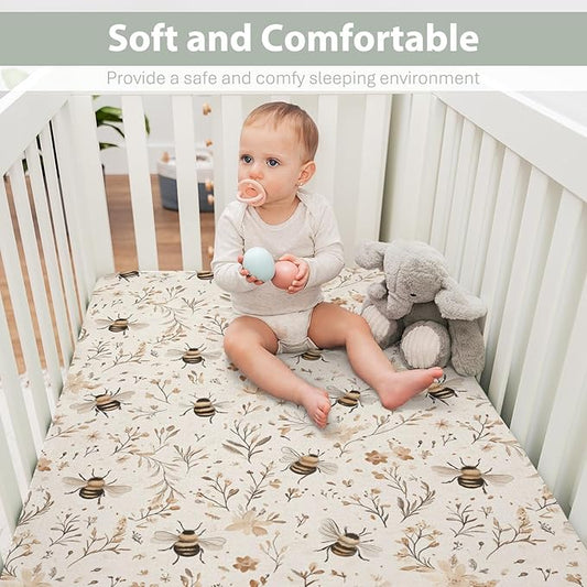 Vintage Bees Boho Flowers Baby Crib Sheets for Boy Girl 52x28Inch Retro Bees Floral Soft Stretchy Fitted Crib Mattress Cover Spring Summer Baby Sheet Fits Unisex Standard Bed and Toddler Mattress