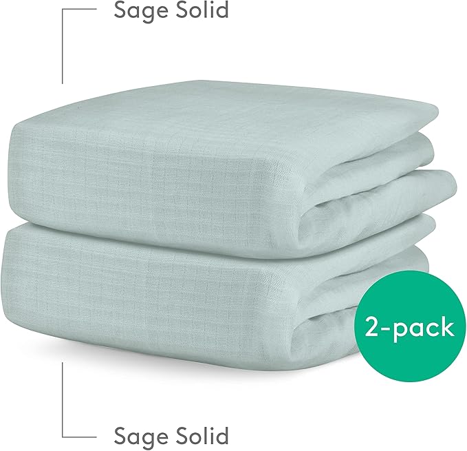 Newton Baby Fitted Mini Crib Sheets (2-Pack) | Organic Muslin Cotton, Breathable & Soft Baby Sheets, Washable Baby Mattress Sheets, Fits Mini Crib Mattresses 24" x 38", Sage