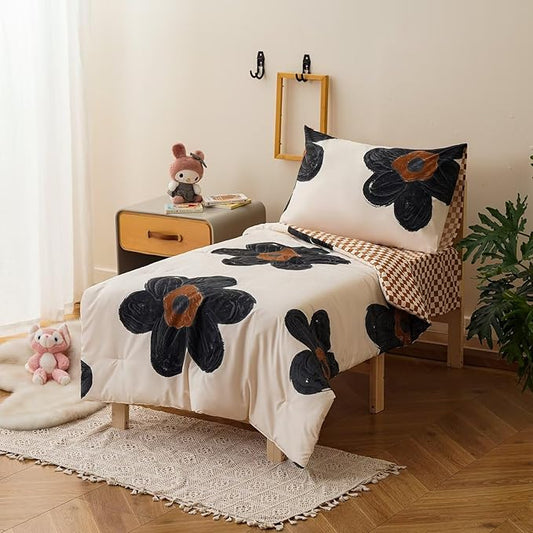 CLOTHKNOW Black Floral Toddler Bedding Sets for Girls, 4 Pieces, Sunflower Pattern, Soft Crib Bed Set Including Comforter, Flat Sheet, Fitted Sheet and Pillowcase