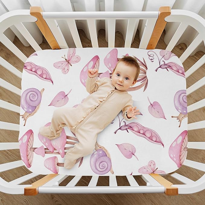 Mushrooms Fairy Forest Crib Sheets Soft Breathable Fitted Baby Crib Sheets Mattress Cover for Girl Boys, 52" x 28" x 9"