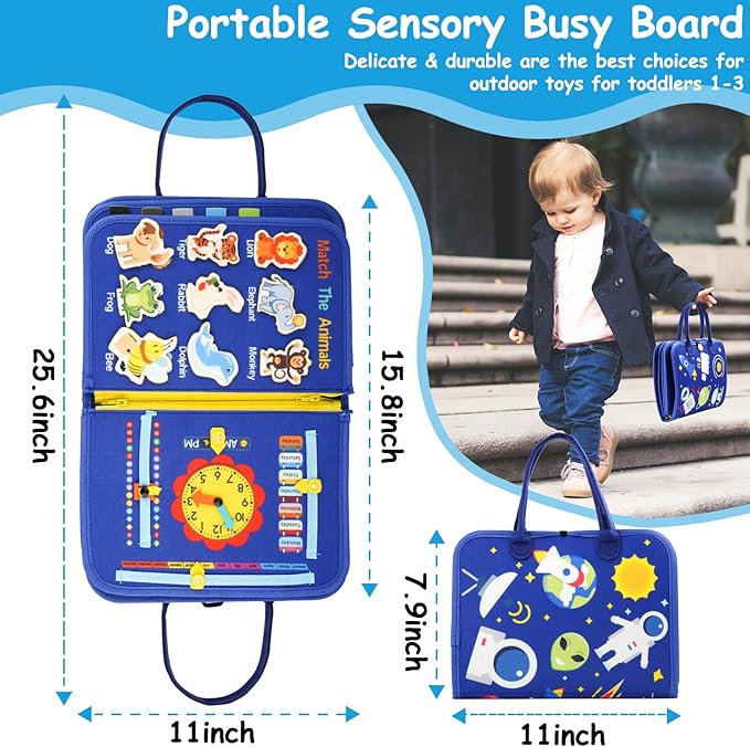 Toddler Busy Board, Montessori Toys for Boys, Sensory Board Birthday Gifts - Educational Busy Book, Learning toys for Toddlers, Preschool Learning Activities and Travel Toys for Airplane Car, Blue
