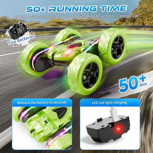 Remote Control Car – 4WD 360° Flip Double‑Sided RC Stunt Car LED Light Bar & USB‑C Modular Battery, Off‑Road Toys for Boys Ages 6‑12, Birthday Gift, Black‑Green