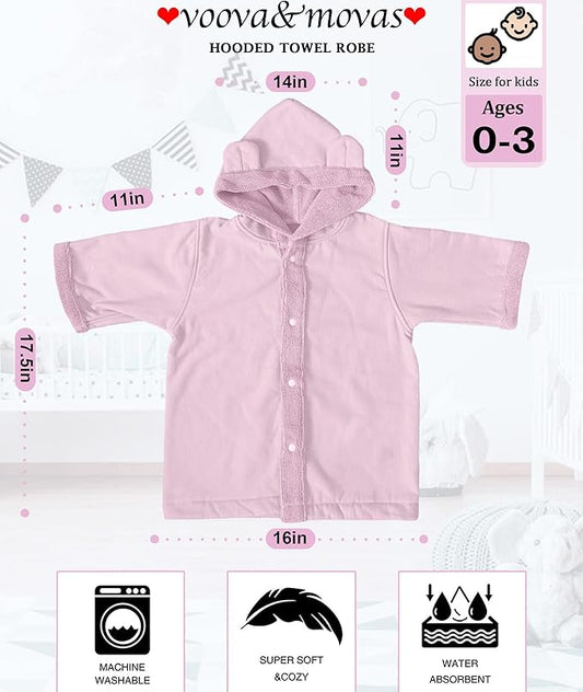 VOOVA & MOVAS Baby Hooded Towel with Bear Ear, 0-3Years | 100% Cotton,Low Lint, Ultra-Soft & Absorbent | Gentle for Sensitive Skin, Bath, Pool & Beach Towel | Newborn (Pink)