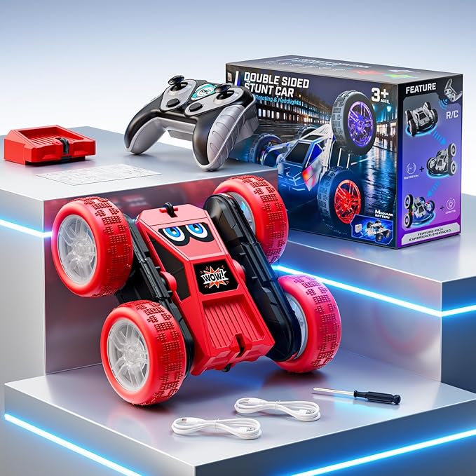 WayEee Remote Control Car, 360° Flips RC Stunt Car with LED Lights Strips, Type-C Charge Modular Battery, 2.4 GHZ Double Sided High Speed RC Cars for Boys Age 8-12 Girls 3+ Kids Toys Birthday Gifts