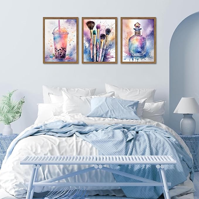 Framed Teen Girls Bedroom Wall Art Set of 3, Pink and Purple Splash Canvas Prints, Makeup Enthusiast Pictures Posters, Drinks Cosmetic Wall Decor for Teenage Girl Room Decor – 12x16 inch