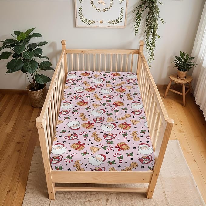 Sweet Christmas Pink Baby Crib Sheets for Boy Girl 52x28 Santa Claus Cherry Fir Candy Soft Snug Fitted Crib Mattress Cover Winter Holiday Festival Baby Sheet for Standard Crib & Toddler Bed Mattress