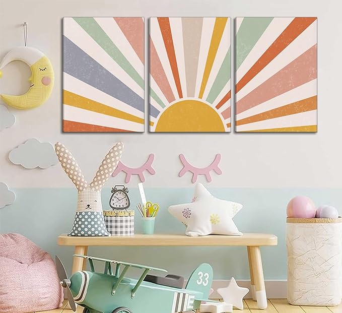 3 Pieces Nursery Boho Canvas Wall Art Rainbow Sun Rising on the Horizon Geometric Nature Illustration Line Pictures Wall Decor Posters Prints for Toddler Kids Room Home Decoration