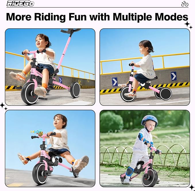 Ridego 5 in 1 Tricycle for Toddlers 3-5 Years Old,Foldable Toddler Bike with Push Handle and Cup Holder, Ideal Balance Bike and Birthday Gifts for 2 3 4 5 Year Old Boys Girls,Pink