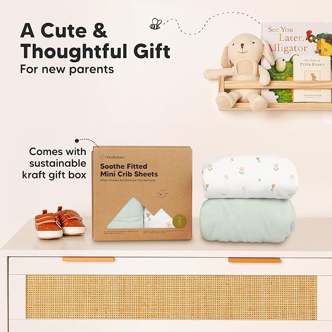 2-Pack Mini Crib Sheets Fitted - 38x26 Pack N Play Sheets for Pack and Play Mattress, Organic Cotton, Soft & Breathable Playard Bedding, Neutral Mini Toddler Bed Cover for Boys, Girls (Wildflowers)