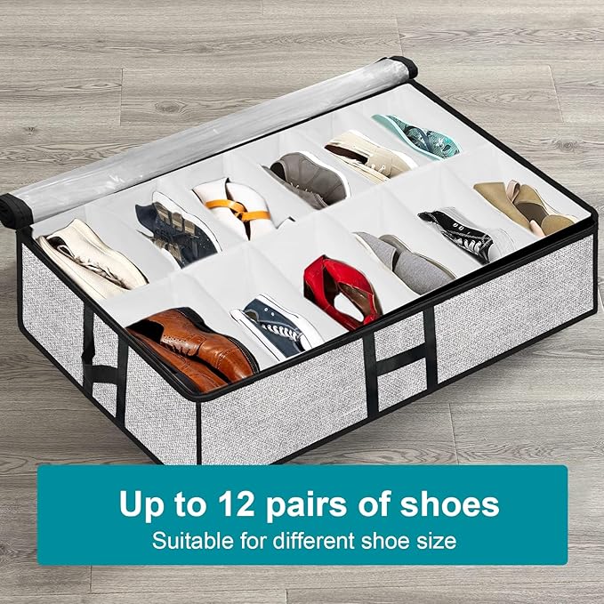 Meerainy Under Bed Shoe Storage Organizer for Closet 2 Pack- Fits 24 Pairs Underbed Shoes Container Boxes, Light Grey