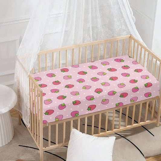 Pink Strawberry Fitted Crib Sheet for Girls Cute Strawberries Baby Sheet for Standard Crib and Toddler Polka Dots Fruit Nursery Bed Mattress Sheets 28"x52"