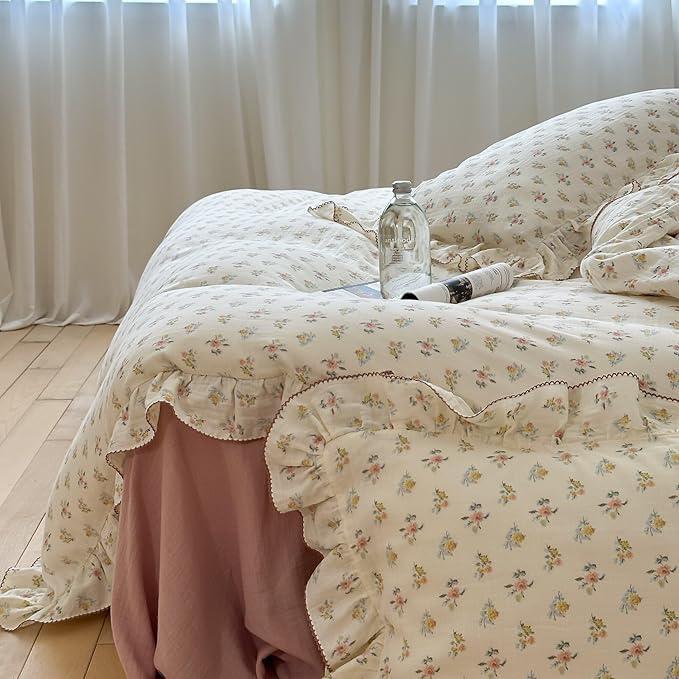 BuLuTu Cotton Muslin Duvet Cover Queen, Chic Shabby Azalea Floral Comforter Cover with Ruffles, Soft Breathable Gauze Quilt Covers for Kids Teens,90"x90", Zipper Closure, No Pillow