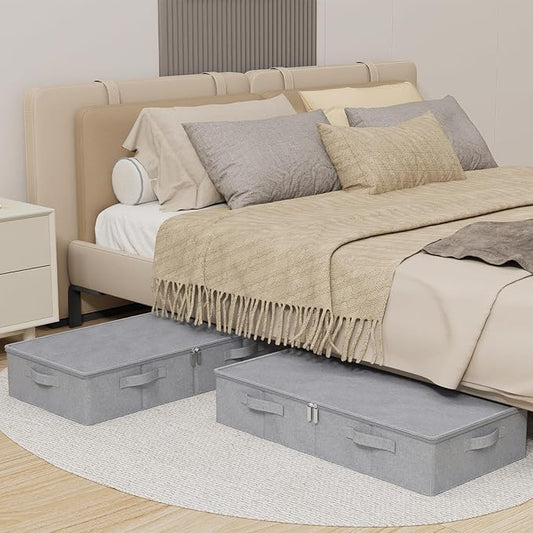 ENUMAIL Underbed Storage Box, Foldable Under Bed Bins Container, Organizer Baskets with Lid for Organizing Clothes, Sheets, Pillows, Comforter, 31.4x15.7x5.9in, Grey, 3 Pack
