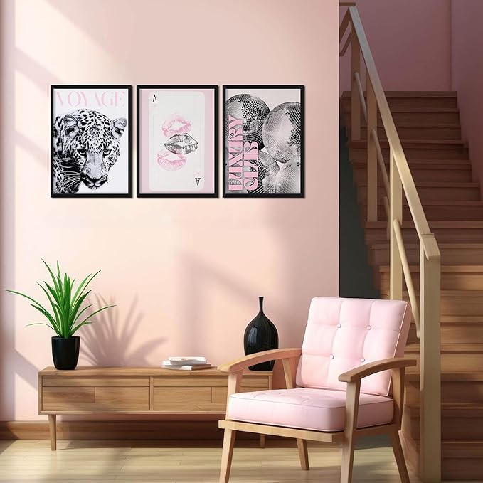 Pink Cheetah Wall Art Set of 3, Y2K Trendy Leopard Canvas Wall Decor Paintings, Preppy Black and White Cheetah Disco Posters Prints Pictures for Girly Room Bedroom Dorm 16x24 Inch Wood Framed
