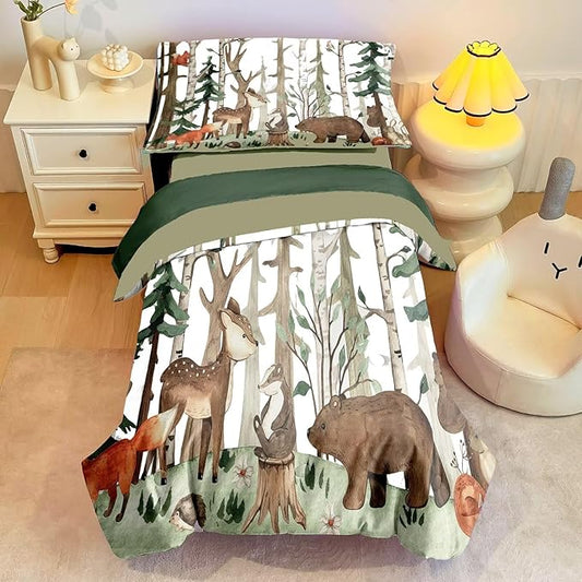 4 Pieces Woodland Animal Toddler Bedding Set, Forest Deer Bear Fox Bed Comforter Set for Boys Girls, Cute Toddler Bed Set Includes Comforter, Flat Sheet, Fitted Sheet and Pillowcase
