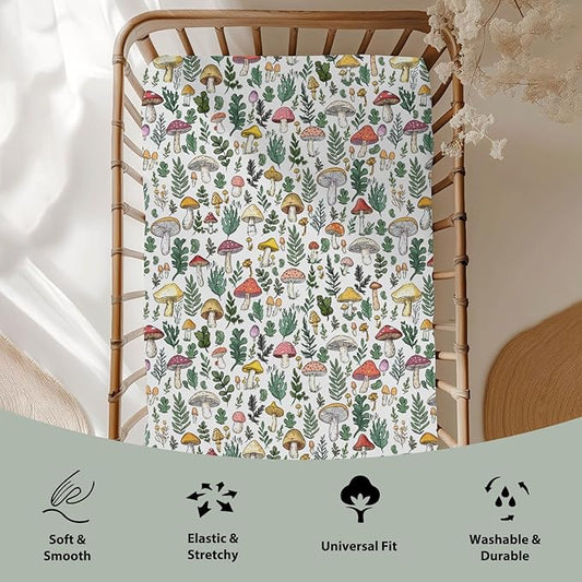 Colorful Mushrooms Green Leaves Baby Crib Sheets for Boy Girl 28"x52" Fall Mushroom Soft Stretchy Fitted Crib Mattress Cover Autumn Baby Sheet for Standard Crib & Toddler Mattress Pad