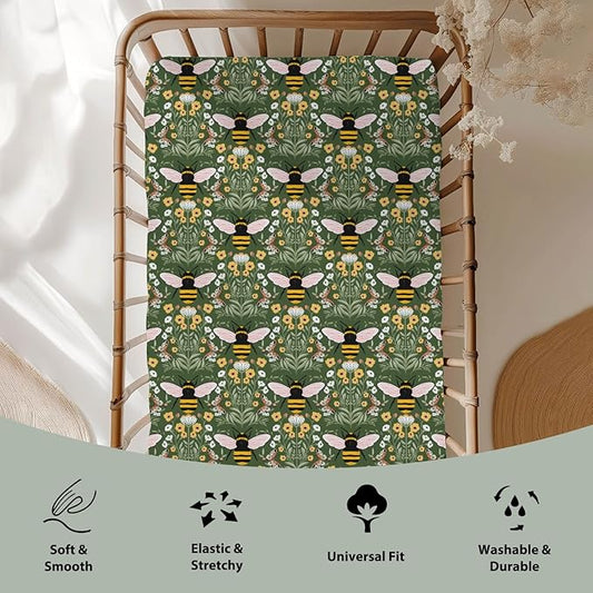 Bee Honey Garden Green Baby Crib Sheets for Boy Girl 52"x28" Boho Floral Bees Honey Butterflies Soft Snug Fitted Crib Mattress Covers Spring Summer Baby Sheet for Standard Crib & Toddler Bed Mattress