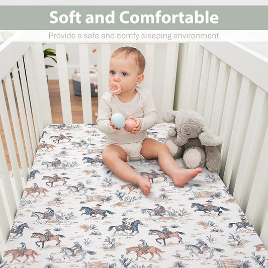 Western Cowboy Baby Crib Sheets for Boy Girl 28"x52" Cowboy Horse Soft Stretchy Fitted Crib Mattress Cover Wild West Desert Baby Sheet Fits Crib and Toddler Bed Mattresses