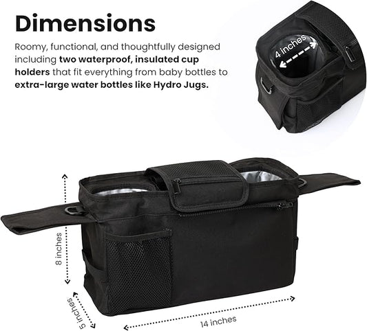 BABY OX CO. Universal Stroller Organizer with Insulated Cup Holders | Detachable Phone/Wipe Pouch & Shoulder Strap Stroller Caddy | Spacious, Fits Jogger, Umbrella, Travel & Pet Strollers
