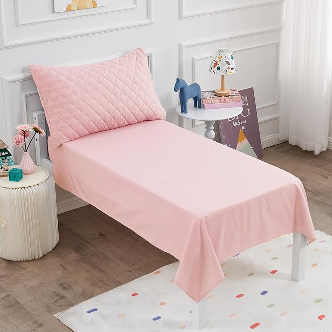 Wowelife Toddler Bedding Set, 4 Piece Toddler Bedding Soft and Breathable Crib Bedding Set, Includes Quilted Comforter, Flat Top Sheet, Fitted Sheet, Envelope Pillow Case for Boys and Girls, Pink