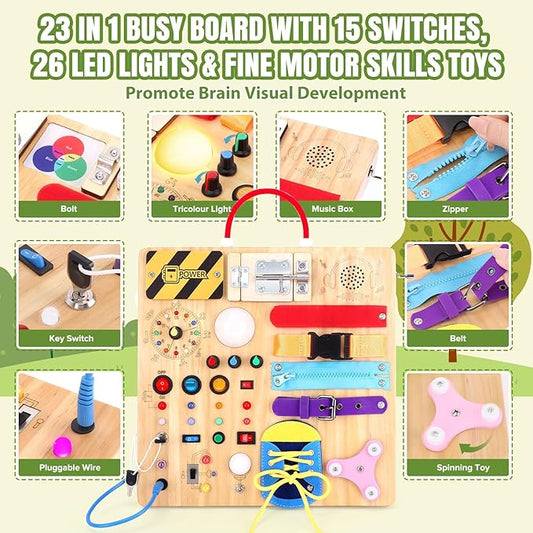 Busy Board for Toddlers - Montessori Educational Toy for 1-3 Year Old Boys & Girls | Travel-Friendly Sensory Learning Activity | Ideal for Kids with Autism(Busy Board v3)