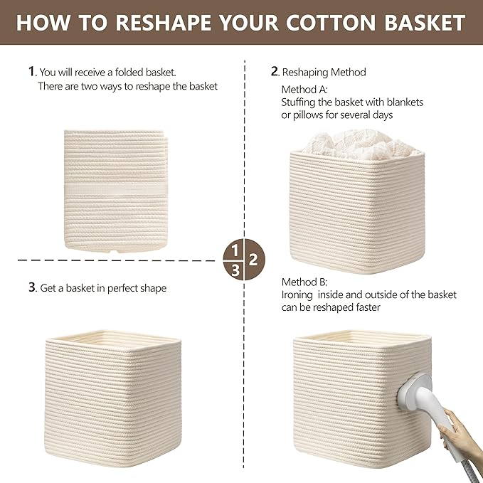 joybest 13x13x13inch Cube Storage Bins Set of 4, Cotton Rope Woven Organizer Basket for Shelves, Cube Bin Square Shelves Organizer Closet Storage, Nursery, Toy Organization, Beige
