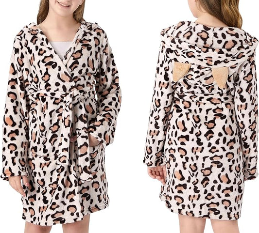 Topgal Leopard Cat Robe for Girls Fleece Toddler Kids Teen Hooded Bathrobe Size 4T-18