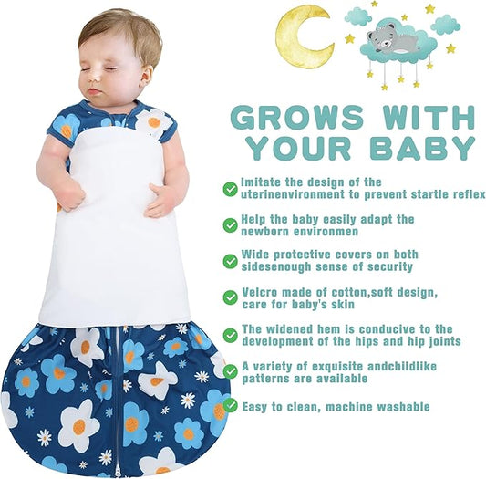 Newborn Sleep Sack Baby Swaddle,3-Way Adjustable Wearable Blanket,100% Rayon Cotton Swaddling Sleeping Bag,TOG 0.5 (Gerbera & Tulips, 0-3 Months)